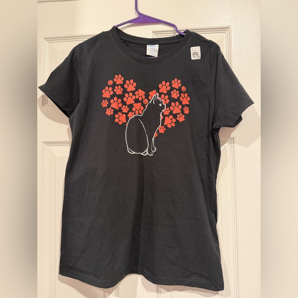 Black Cat Paw‎ Heart Cute Valentines Day Animal Lover  Women T-Shirt Medium New